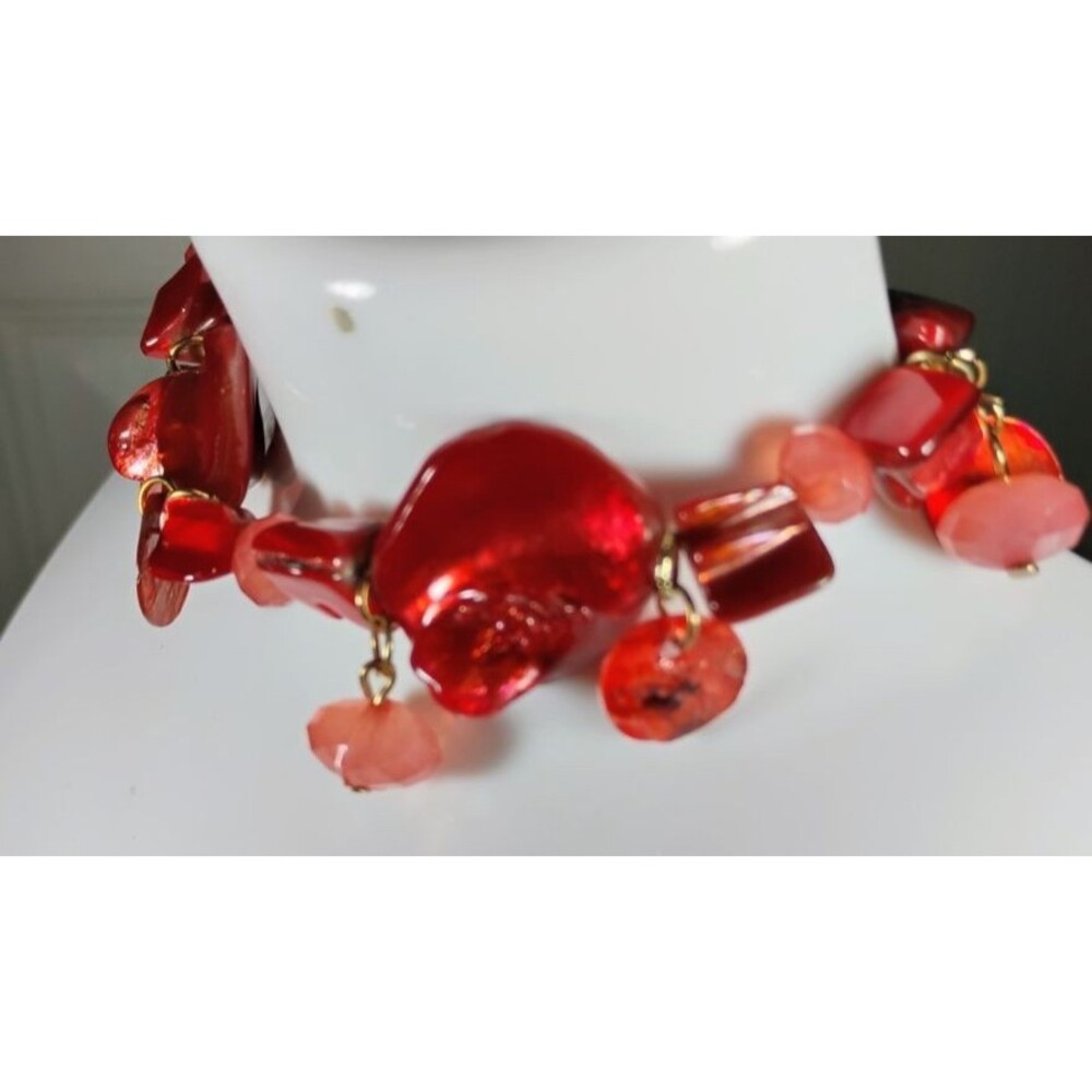 Vintage Stretch Bracelet Red & Pink Glass Beads Silver-tone Spacers Boho EUC